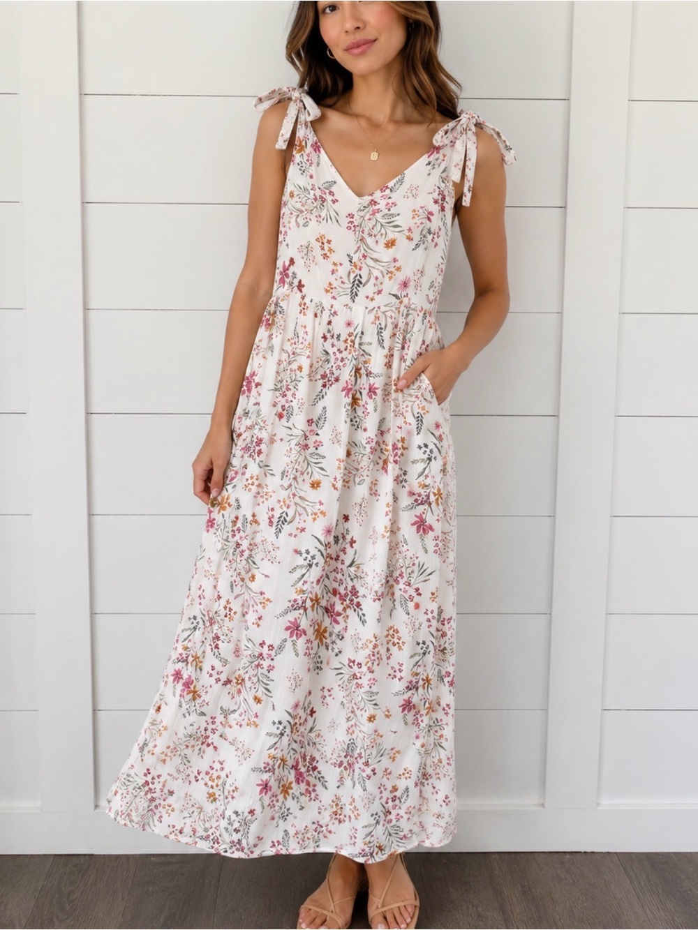 Anthropology Tabitha Webb tie strap white whimsical wild flower maxi dress boho